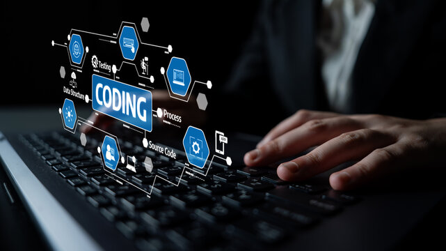 A close-up view of hands typing on a laptop keyboard, featuring a digital coding interface. Ideal for illustrating software development and technology themes. Tessel