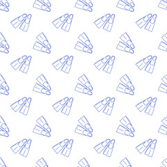 Seamless pattern with flippers in blue line style on white background. Outline diving print. © JanelipArt