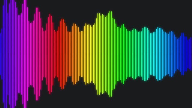 Colorful audio equalizer visualization on black background. Ideal for music, technology, or creative abstract projects needing dynamic audio representation.