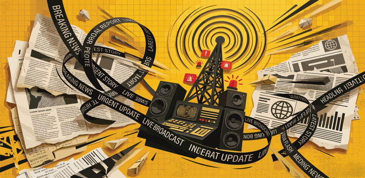 Retro broadcasting station with vintage speakers and newspapers, symbolizing news and communication in a stylized, energetic design
