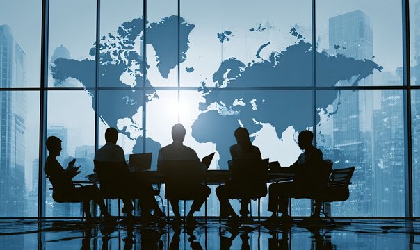 Silhouetted team meeting in front of a global map on a window overlooking a city skyline