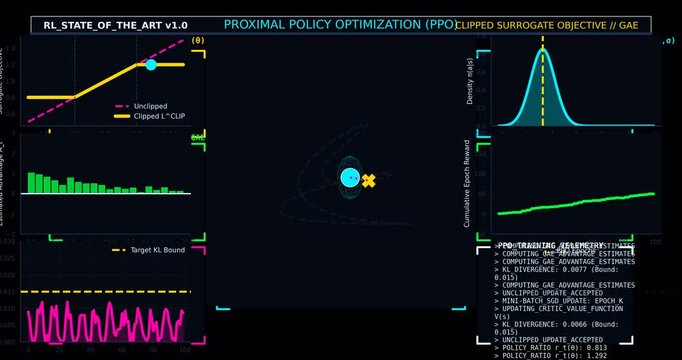 Abstract Reinforcement Learning Visualization, Futuristic AI Data Dashboard HUD Interface Animation