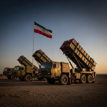 Military missile launchers with Iranian flag at sunset.