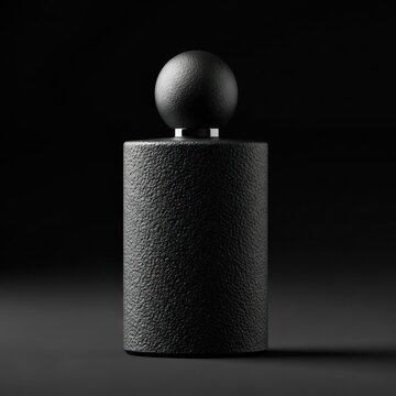 Minimalist Black Perfume Bottle with Spherical Cap on Dark Background.