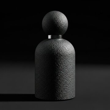 Minimalist Textured Black Perfume Bottle with Spherical Cap on Dark Background.