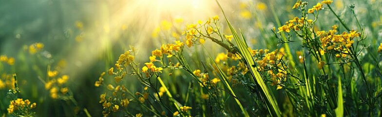 Fototapeta premium Morning sunbeams illuminate a lush field of small yellow wildflowers and green grass