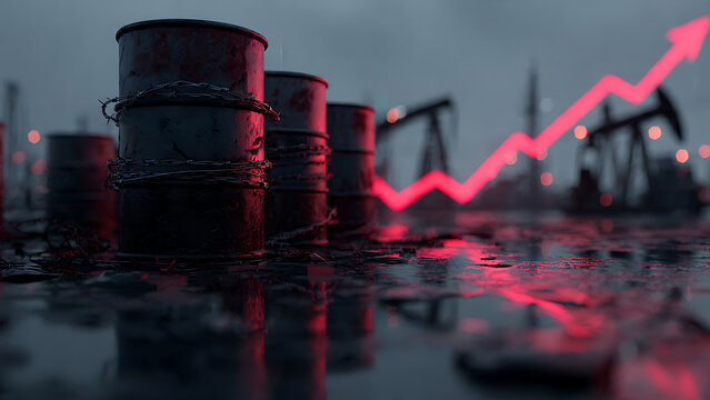 Barrels with barbed wire, oil pumpjacks and an upward trend line, vibrant red glow, concept for energy industry, market analysis and economic growth