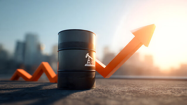 Black oil barrel with pumpjack symbol and orange arrow pointing upwards, concept for rising oil prices, top view, ideal for financial reports, energy industry and market analysis