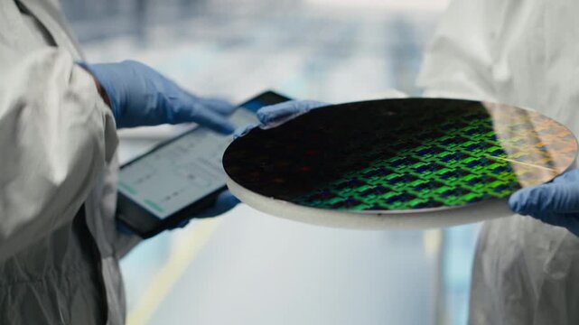 Microchip factory SOC architecture designers analyze semiconductor substrates. Professional in industry 4.0 microelectronics plant doing quality control on silicon wafers, cooperating, camera B