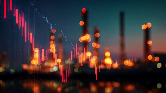 Dramatic red candlestick chart over blurred industrial background at night, concept for economic decline, financial loss and market crash scenarios