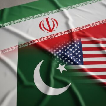 Overlay of Iran Pakistan and United States Flags Symbolizing International Relations.