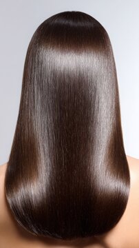 Long brunette hair showing incredible shine and smoothness. Reflecting light with a perfectly straight texture. Presenting a healthy and well-cared for appearance from the back view