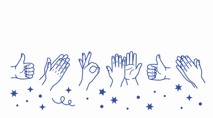 Fototapeta premium Set of blue line art hands gesturing symbols of success with stars, flat vector design, suitable for social media stickers, event banners and icons.
