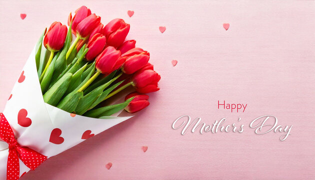 Bouquet of Red Tulips Wrapped in Heart-Patterned Paper for Mother's Day