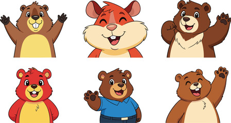 Vector Set of 6 Cute Cartoon Bears with Various Expressions, Poses, and Accessories, Ideal for Children's Illustrations, Animal Lovers, and Fun Designs © Abul