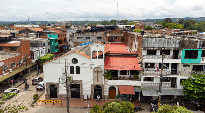 Doradal, Antioquia - Colombia. March 12, 2026. Panoramic drone view of the town's main church.