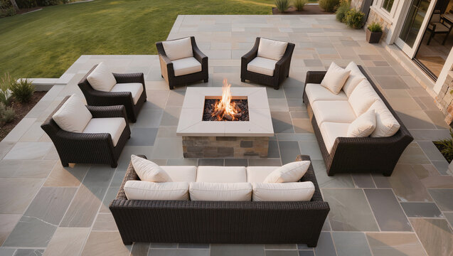 Luxurious Outdoor Patio Seating with Modern Fire Pit on Stone Terrace