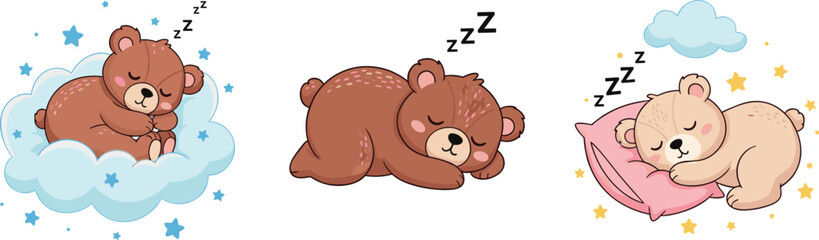Vector Set of 3 Adorable Sleeping Bears on Clouds and Pillows with Stars and Dreamy Elements, Perfect for Children’s Illustrations and Bedtime Designs © Abul