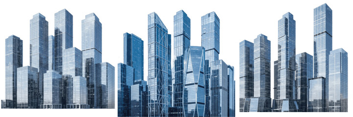 Obraz premium Set of Modern City Skyline High Rise Buildings Isolated on White Background, PNG