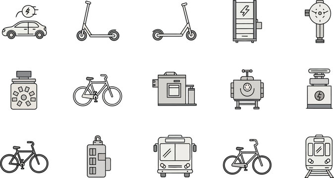 Transportation icons depict modern urban mobility and sustainable travel.