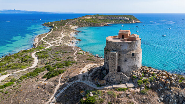 Aerial view of the historic Torre di San Giovanni watchtower on the Sinis peninsula near Tharros, Cabras, Sardinia, Italy