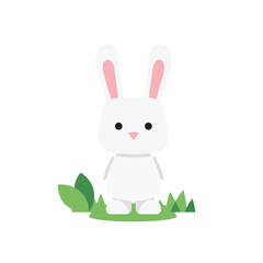 Obraz premium A simple and charming flat vector illustration of a white bunny standing upright on a small patch of green grass with a few leaves.