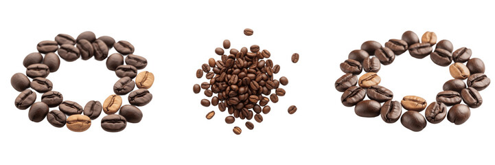 Obraz premium Set of Pile of Roasted Coffee Beans Isolated on White Background, PNG