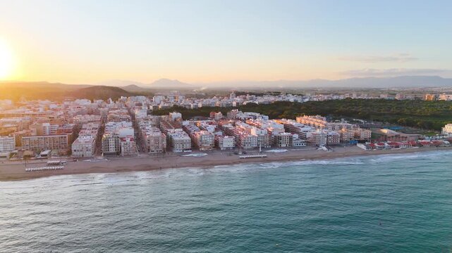 city view beach drone coast urban town travel sunset water building architecture tourism vacation landscape skyline - Guardamar del Segura, Alicante, Spain - 2025