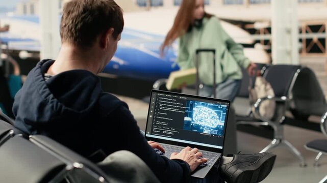 Independent developer programming artificial intelligence algorithms and analyzing data in busy airport, advanced coding techniques and scripts connected to cloud servers. Nomadic lifestyle.