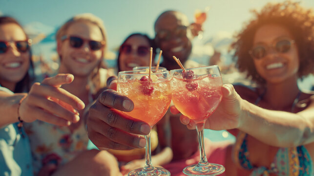 Friends holding cocktail glasses on beach