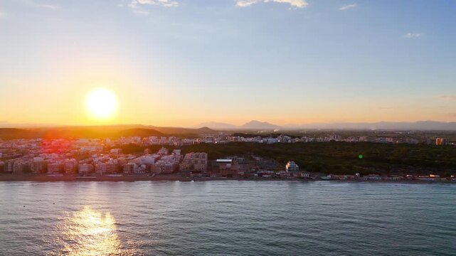 sunset city vacation beach travel urban town coastline gradient sky coast skyline landscape architecture drone aerial sea building chiaroscuro nature - Guardamar del Segura, Alicante, Spain - 2025