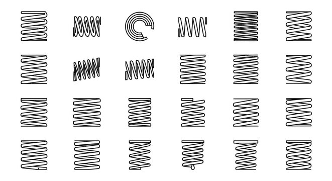 a diverse collection of spring coil icons and mechanical symbols in line art perfect for industrial design and engineering illustrations