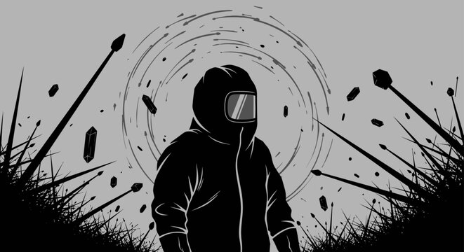 a figure in a protective suit stands amidst a swirling abstract energy field and flying sharp debris depicting survival in a dark sci-fi world