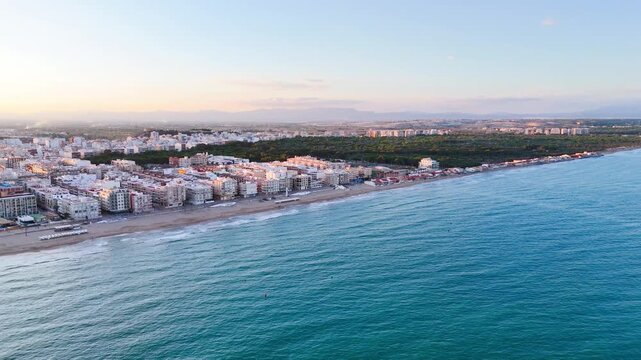 city beach drone coast aerial vacation travel evening morning landscape nature sea water forest sky urban skyline architecture building - Guardamar del Segura, Alicante, Spain - 2025