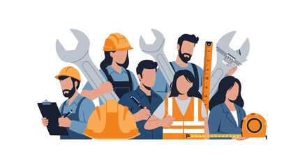 A diverse group of workers representing various trades stands together to celebrate International Workers’ Day (Labor Day), depicted in a flat vector illustration style against a clean © Asap