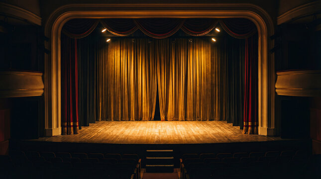 Empty Theater Stage with Visible Curtain Texture and Warm Front Light for Elegant Performance