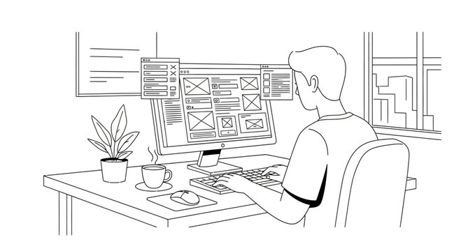 Man working on computer with multiple screens displaying web design layouts.