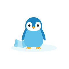 Fototapeta premium A cute blue cartoon penguin stands on a small white ice floe against a plain white background, featuring a simple and minimalist art style.