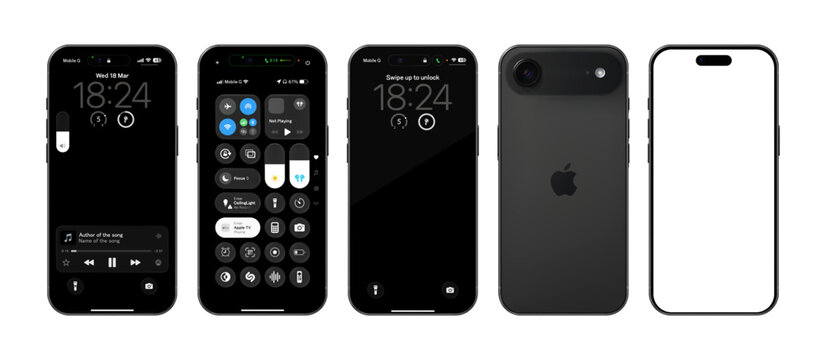 Photorealistic detailed Apple Iphone Air Space Black basic IU mockup isolated. iOS 26, liquid grass 2026 full template design. Vector editorial illustration