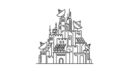 Obraz premium Digital Fortress: Futuristic Castle with Satellite Dishes, Solar Panels, and Antennas. Modern Communication Hub Line Art Illustration.