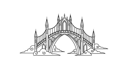 Fototapeta premium Elegant Gothic Fantasy Bridge Illustration on Clouds - Mystical Arched Structure with Towers, Black and White Line Art
