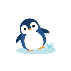 Obraz premium A cute, blue and white cartoon penguin stands on a thin ice floe next to a single transparent ice cube, looking forward with big eyes.