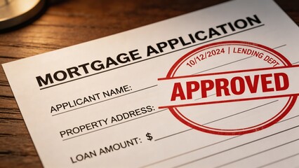 Fototapeta premium A close-up view of a mortgage application form with an approved stamp, placed on a wooden desk in a professional setting, symbolizing a significant step towards homeownership and financial stability.