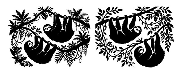 Fototapeta premium Sloths hanging from leafy branches in a jungle canopy. Bold black silhouette illustration shows mirrored pairs with dense tropical foliage and a playful mood.
