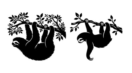 Fototapeta premium Sloths hang from leafy branches against a white studio background. High contrast silhouettes create a bold graphic mood.