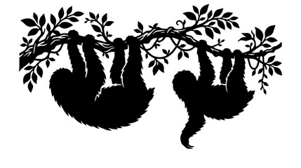 Fototapeta premium Sloths hang from a leafy branch against a plain studio background. Bold black silhouettes create a high contrast graphic and calm mood.