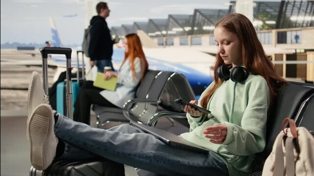 Gen z remote worker using phone in a crowded airport terminal lounge, air travel and nomadic lifestyle concept. Location independent girl with flexible career, online business mobility.