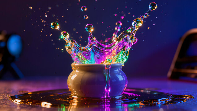 Vibrant Rainbow Liquid Splash Erupting From Small Ceramic Pot