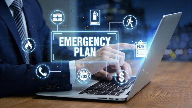 Business professional planning for emergency preparedness with digital icons