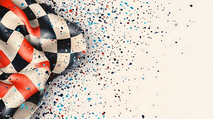 Fototapeta premium Checker Flag's Triumph: The checkered flag, a symbol of victory, whips in the wind, with colorful confetti in the background.